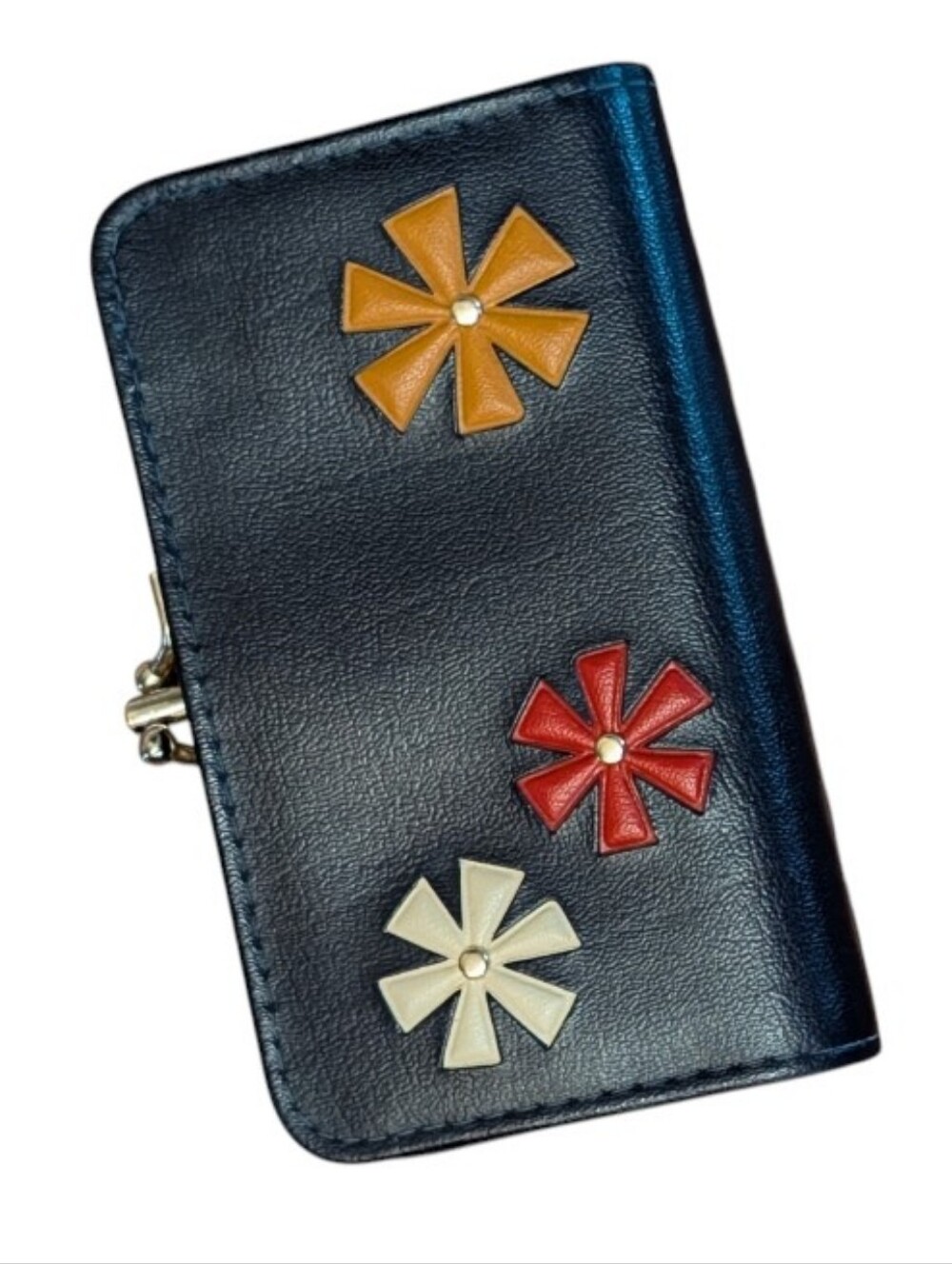 Unbranded wallet Coin Purse kiss lock Retro Mod Flower Appliqués navy leather